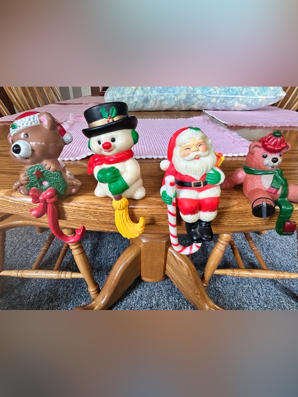 Vintage Plastic Stocking Hangers-2 Teddy Bear-Santa-Snowman - Christmas